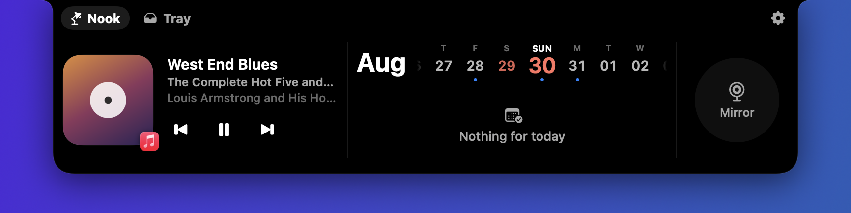 The Macinotch Nook panel open, showing now-playing music, today's calendar, and the camera mirror